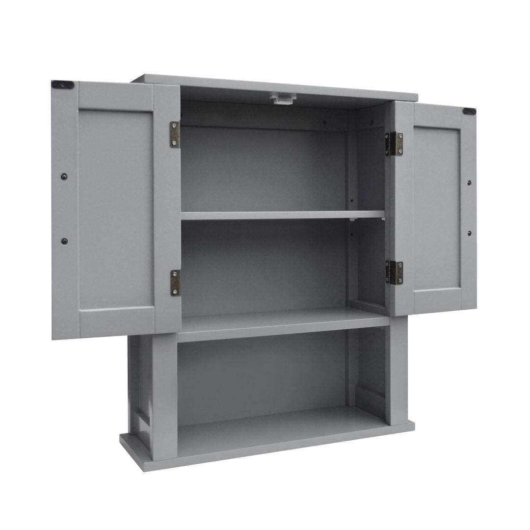 Gray cabinet with doors open to show adjustable shelves.
