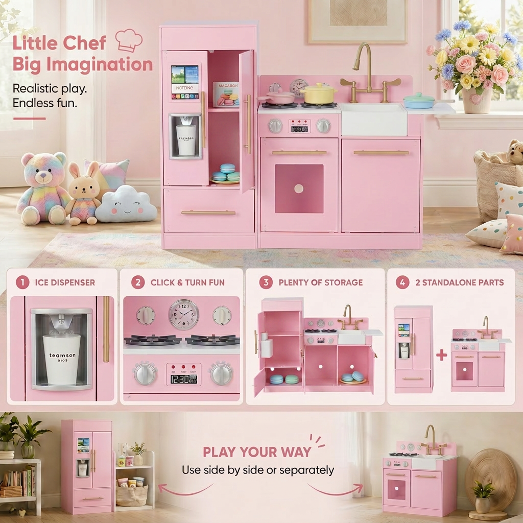 Teamson Kids Little Chef Charlotte Play Kitchen & Refrigerator Set, Pink
