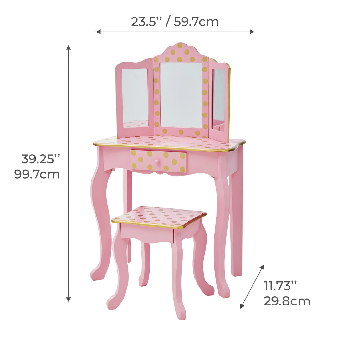 Dimensions in inches and centimeters for a kid's vanity table and matching stool in pink with gold polka dots
