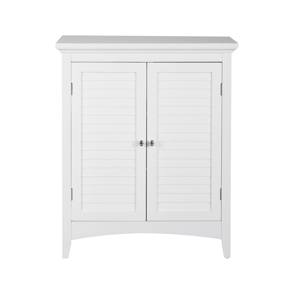 A two-door white floor cabinet with faux louvered doors
