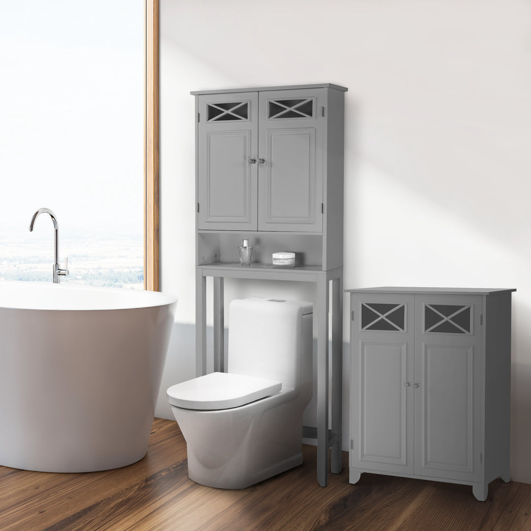 white bathroom with gray over-the-toilet cabinet and matching gray floor cabinet