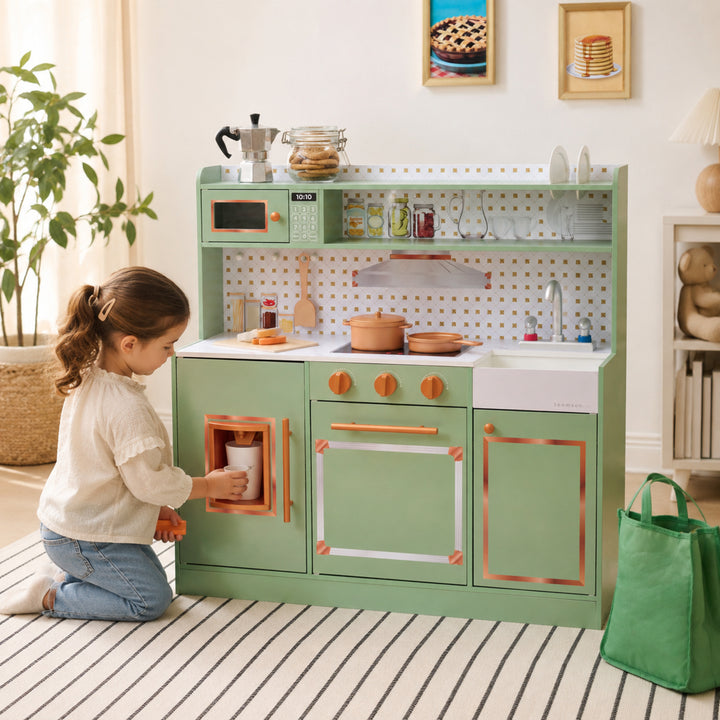 Teamson Kids Wooden Play Kitchen Set with 15 Accessories, Green Retro-style Wooden Pretend Play Kitchen with Ice Dispenser, Oven, Microwave, Sink Little Chef St. Louis