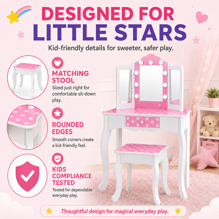 Teamson Kids Engineered Wood Vanity Set with LED Lighted Tri-Fold Acrylic Mirror, Storage Drawer, Matching Stool, Rounded Corners, White/Pink, Fantasy Fields Gisele Polka Dot Pretend Play Vanity Desk