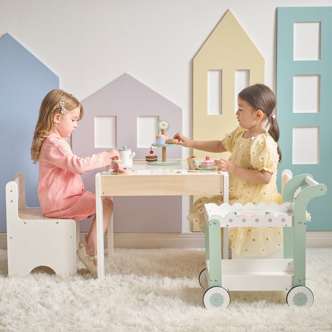 Afternoon Sip Wooden Dessert Cart with 24 Play Food Pieces for Pretend Play by Teamson Kids