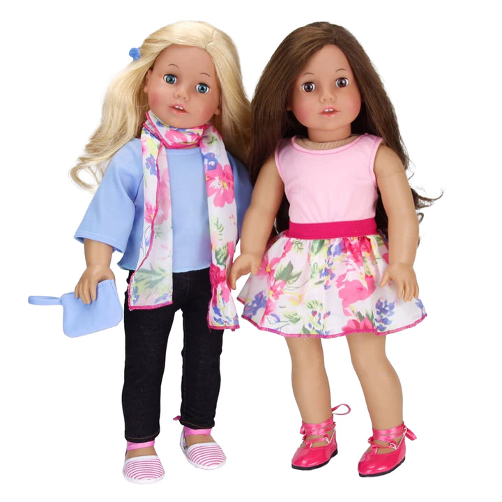 A blonde and a brunette 18" doll n spring themed clothes