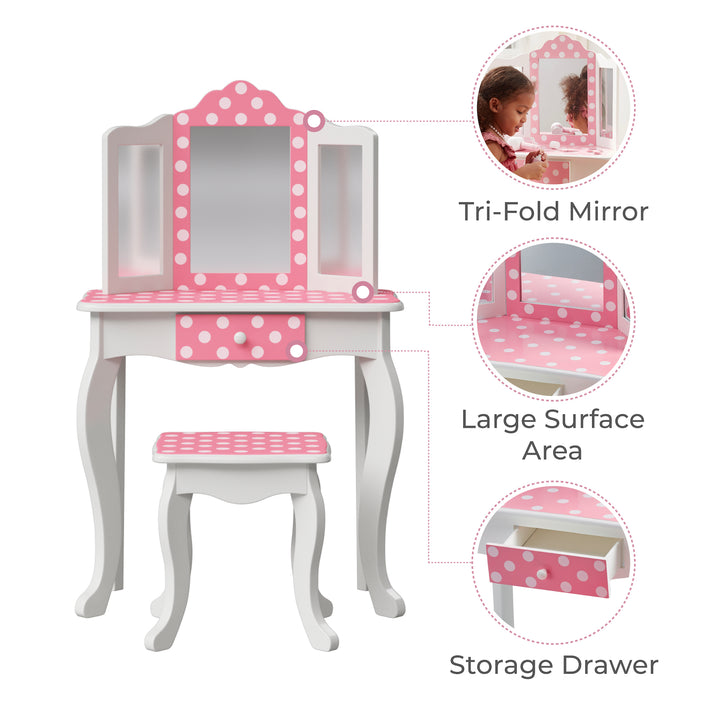 Callouts for a tri-fold mirror, large surface area, and storage drawer on a kids' vanity table and matching stool with trifold mirror, white with pink and white polka dot accents