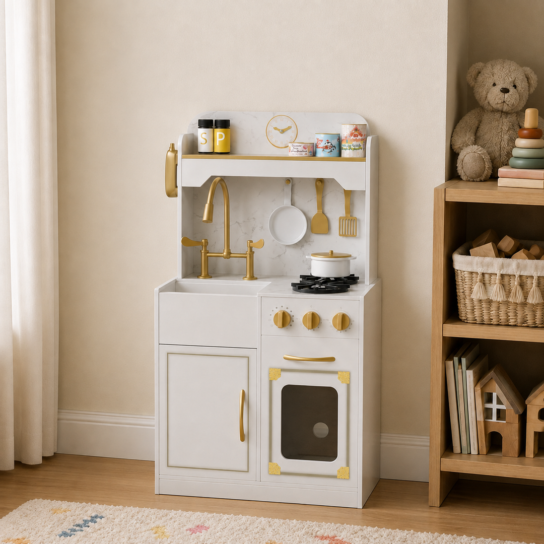 Teamson Kids Small Play Kitchen Set with Refrigerator, 17 Accessories, Storage Interactive White Pretend Play Wooden Kitchen with Gold Tap /Faux Marble Furnishings - Little Chef Versailles