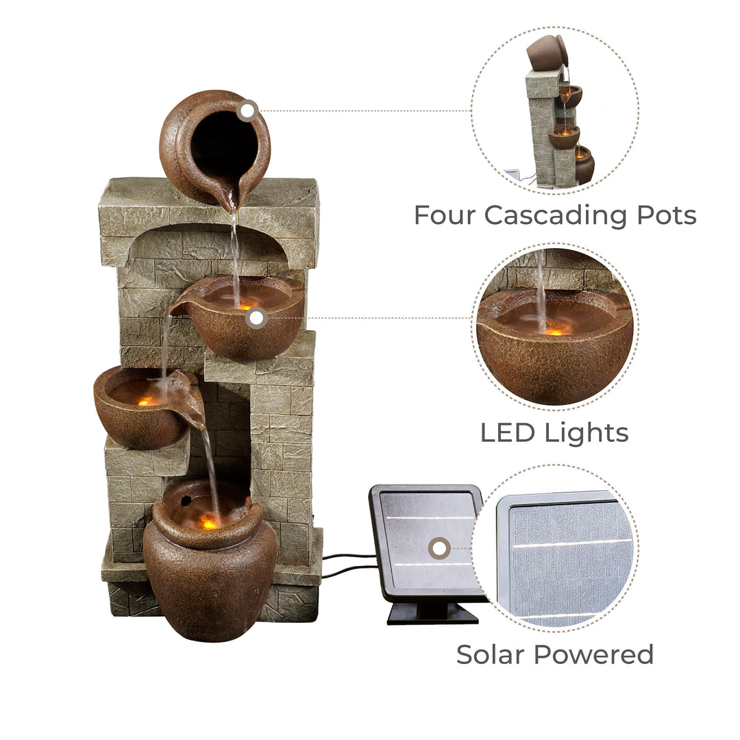 Infographic with callouts for four cascading pots, LED lights, and solar powered