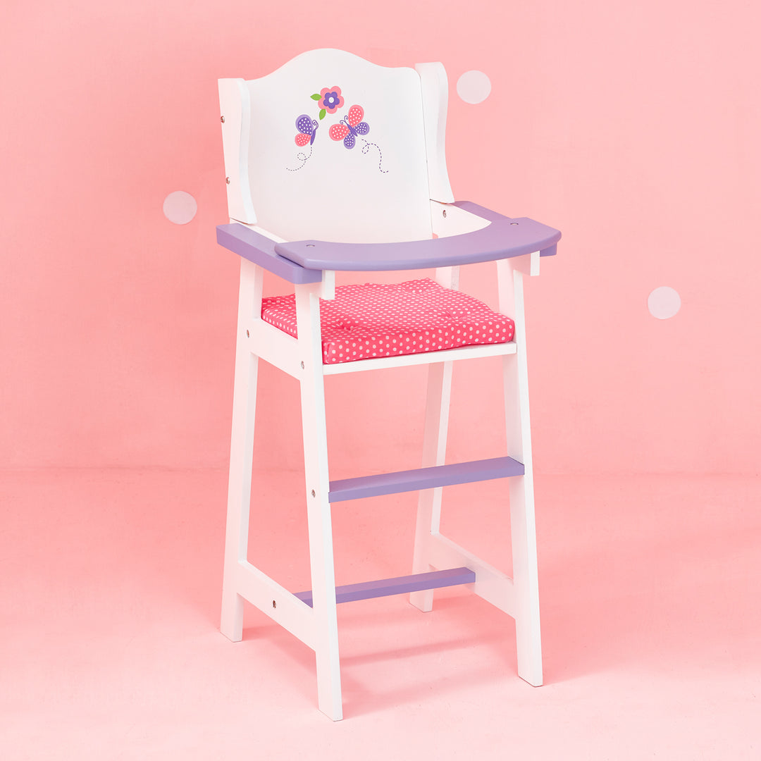 Pretend highchair for dolls, white with pink gingham cushion and purple tray