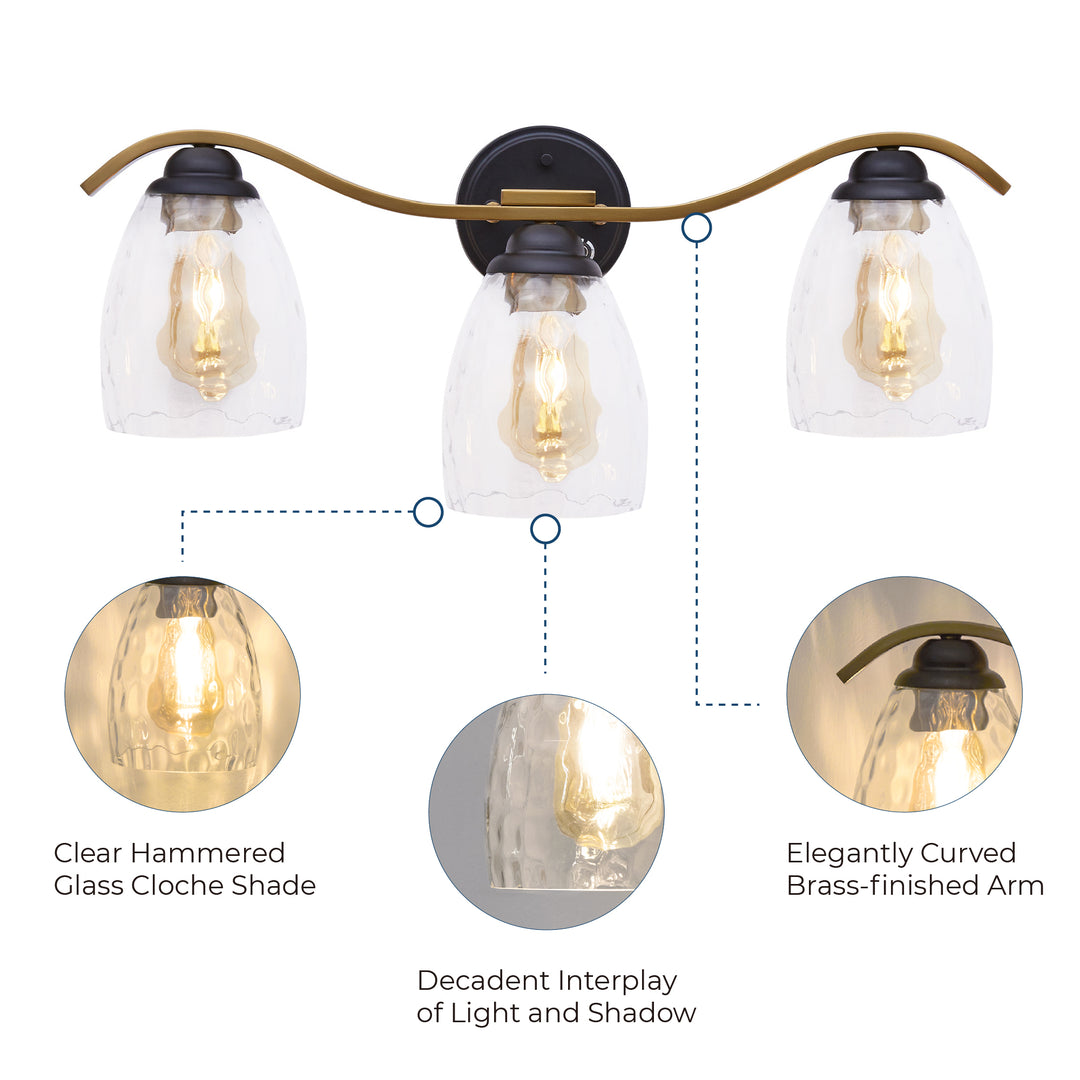 Infographic image of the light's features: clear hammered cloche shade, and elegant curved brass arms.