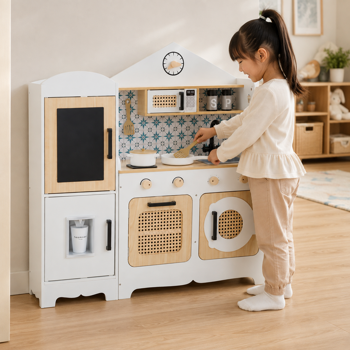 Teamson Kids Large Wooden Play Kitchen Set, White and Natural, Pretend Play Kitchen, Fridge with Pretend Ice Dispenser, Oven, Microwave, Sink and Washer with 11 Accessories, Little Chef Morocco