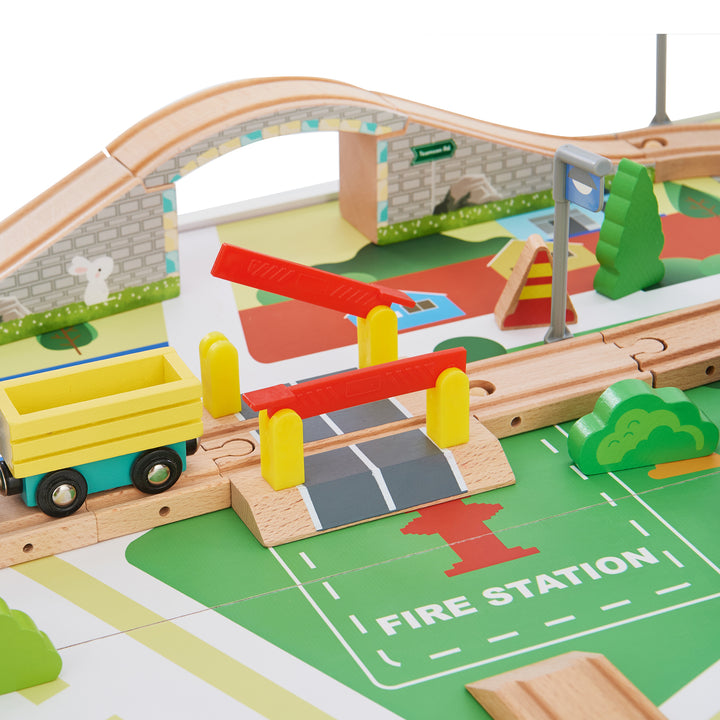 A view of the crossing over the train tracks.