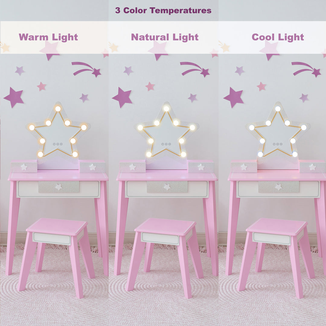 Teamson Kids Light-Up Vanity Table and Stool Set with Star Shaped Mirror, Little Princess Pink Pretend Movie Star Play Set with LED Lights, 3 Drawers and Matching Star Drawer Handles