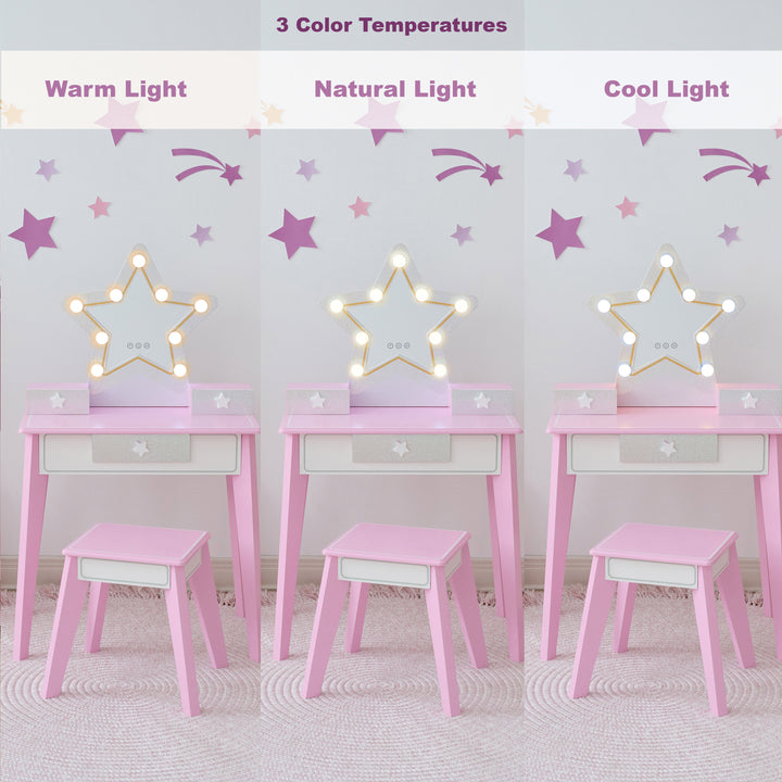 Teamson Kids Light-Up Vanity Table and Stool Set with Star Shaped Mirror, Little Princess Pink Pretend Movie Star Play Set with LED Lights, 3 Drawers and Matching Star Drawer Handles