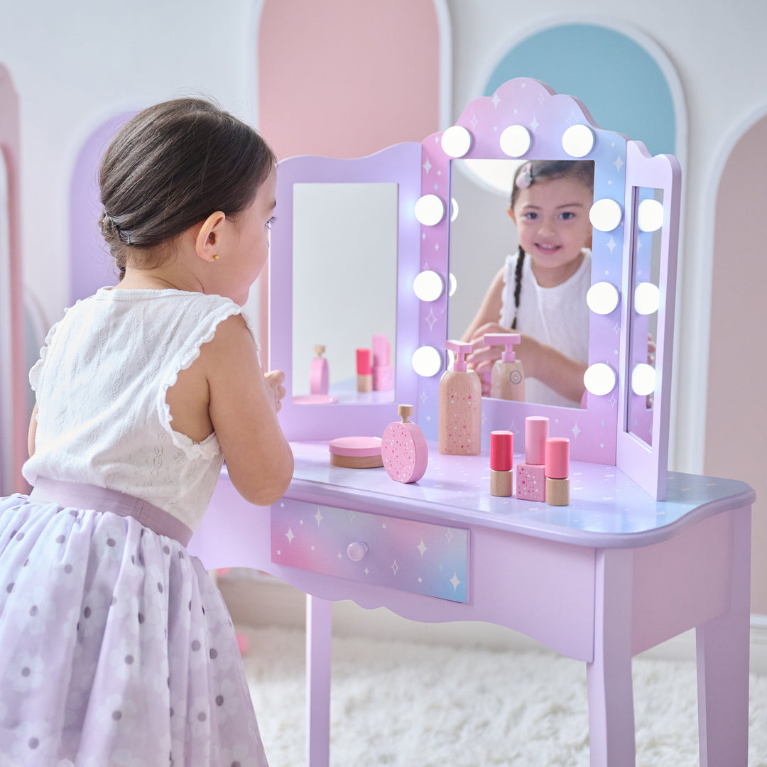 Stardust Print Gisele Wooden Play vanity with LED Lights & Three Way Mirror for Pretend Play by Teamson Kids