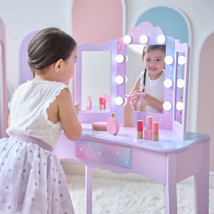 Stardust Print Gisele Wooden Play vanity with LED Lights & Three Way Mirror for Pretend Play by Teamson Kids