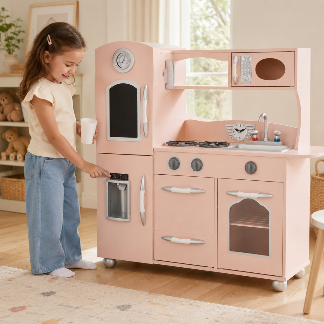 Teamson Kids Little Chef Westchester Retro Wooden Play Kitchen with Fridge, Oven, Removable Sink, Chalkboard Panel, Clicking Knobs, Storage and Accessories