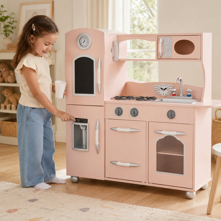 Teamson Kids Little Chef Westchester Retro Wooden Play Kitchen with Fridge, Oven, Removable Sink, Chalkboard Panel, Clicking Knobs, Storage and Accessories