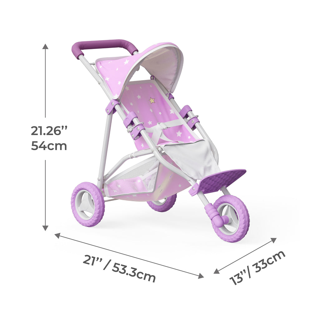 An infographic for a purple Olivia's Little World Twinkle Stars Doll Jogging Stroller measured in inches and centimeters.