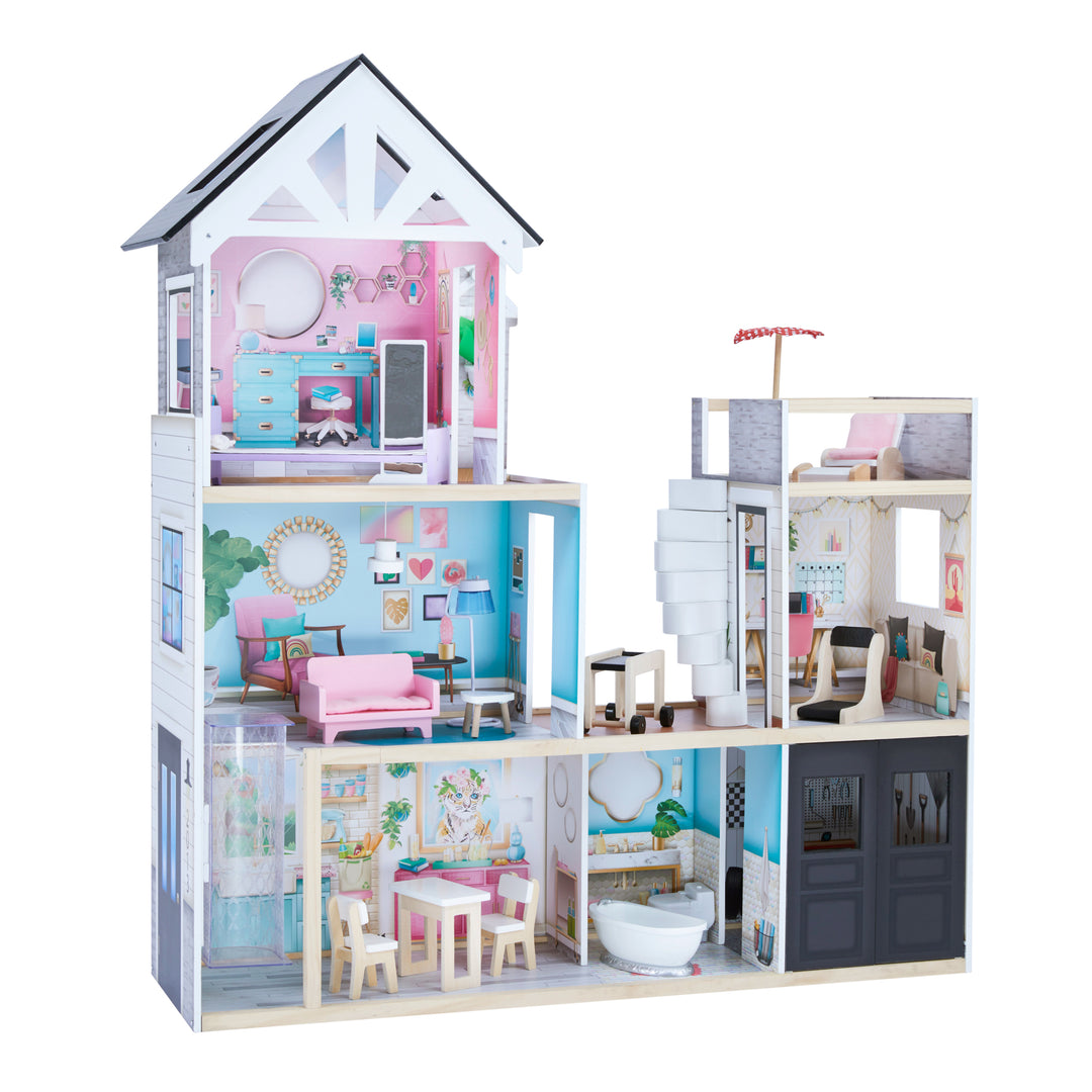 A side view of the dollhouse with views of right side panels.