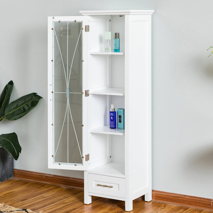 Tall white cabinet with open glass door and items on the shelves