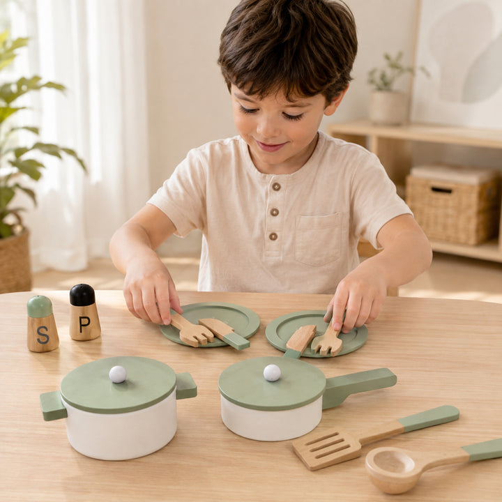 Teamson 14-Piece Wooden Play Kitchen Cookware Set with Green Utensils Set 2 Pots with Matching Lids, Spatula, Serving Spoon, 2 Plates, 2 Knives, 2 Forks, Salt and Pepper Shakers, Little Chef Frankfurt