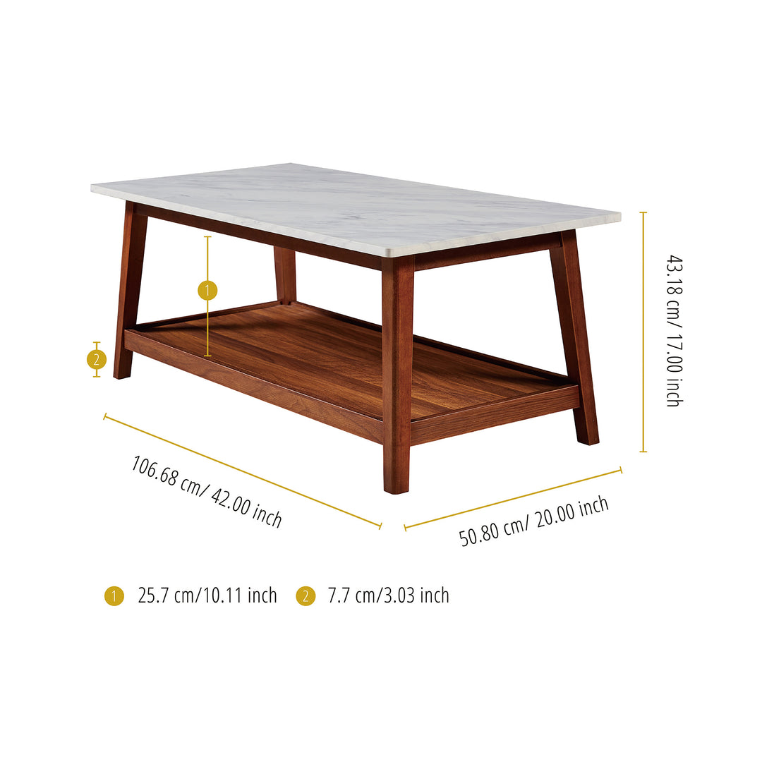 Dimensional graphic of a marble-top coffee table in inches and centimeters