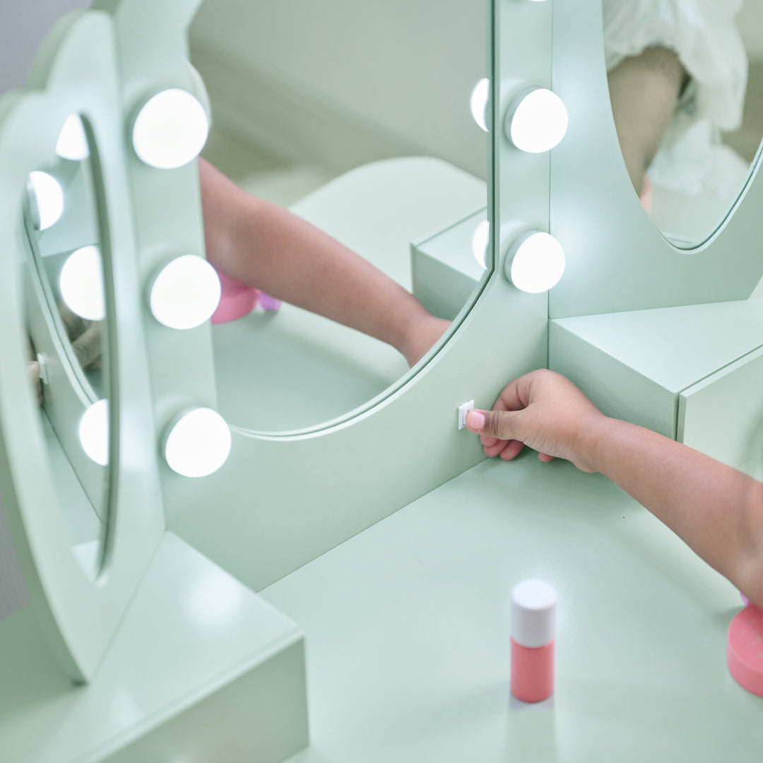 Kids Vanity with LED Lights, Sage Green - Heart Glow Play Vanity Set by Teamson Kids