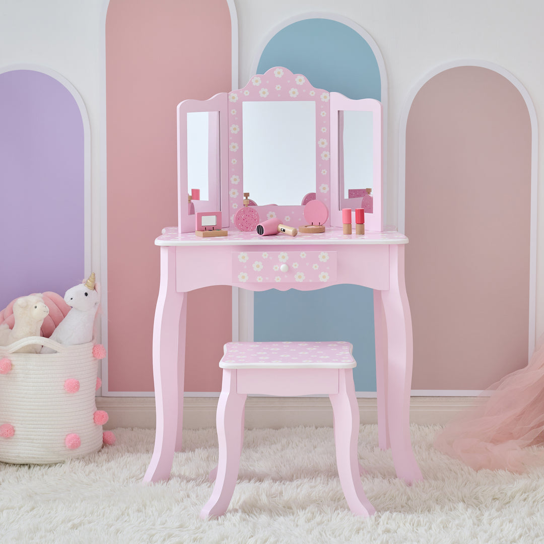 Daisy Prints Gisele Wooden Play Vanity Set wit Three Way Mirror & Stool for Pretend Play by Teamson Kids