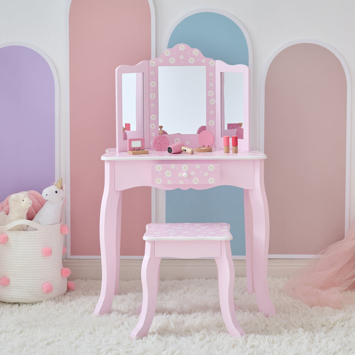 Daisy Prints Gisele Wooden Play Vanity Set wit Three Way Mirror & Stool for Pretend Play by Teamson Kids