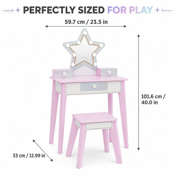 Teamson Kids Light-Up Vanity Table and Stool Set with Star Shaped Mirror, Little Princess Pink Pretend Movie Star Play Set with LED Lights, 3 Drawers and Matching Star Drawer Handles