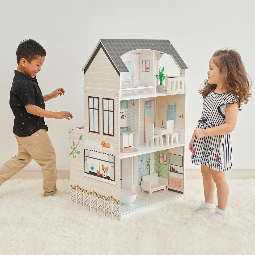 Teamson Kids Wonderland Ariel 2-in-1 Dollhouse/Play Kitchen Playset, Gray & Ivory
