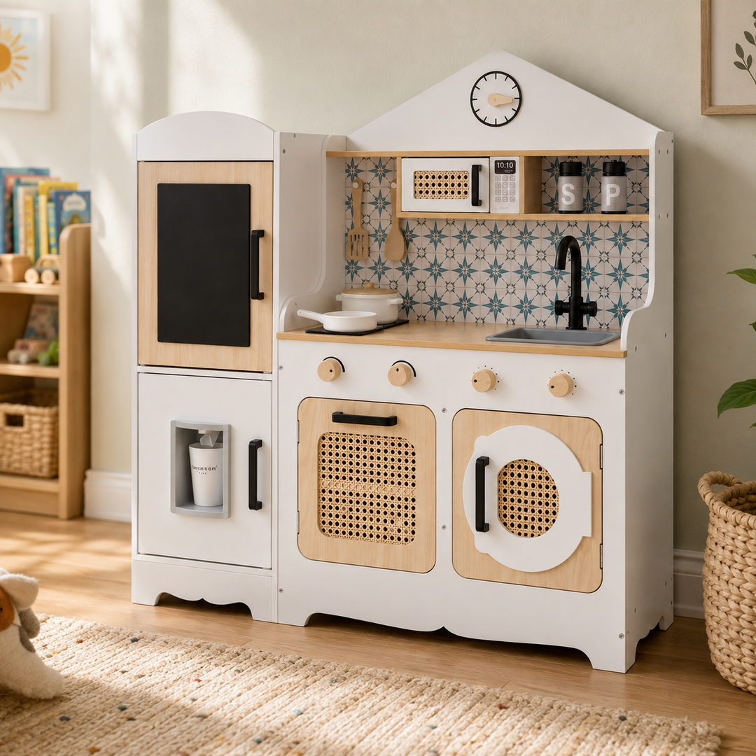 Teamson Kids Large Wooden Play Kitchen Set, White and Natural, Pretend Play Kitchen, Fridge with Pretend Ice Dispenser, Oven, Microwave, Sink and Washer with 11 Accessories, Little Chef Morocco