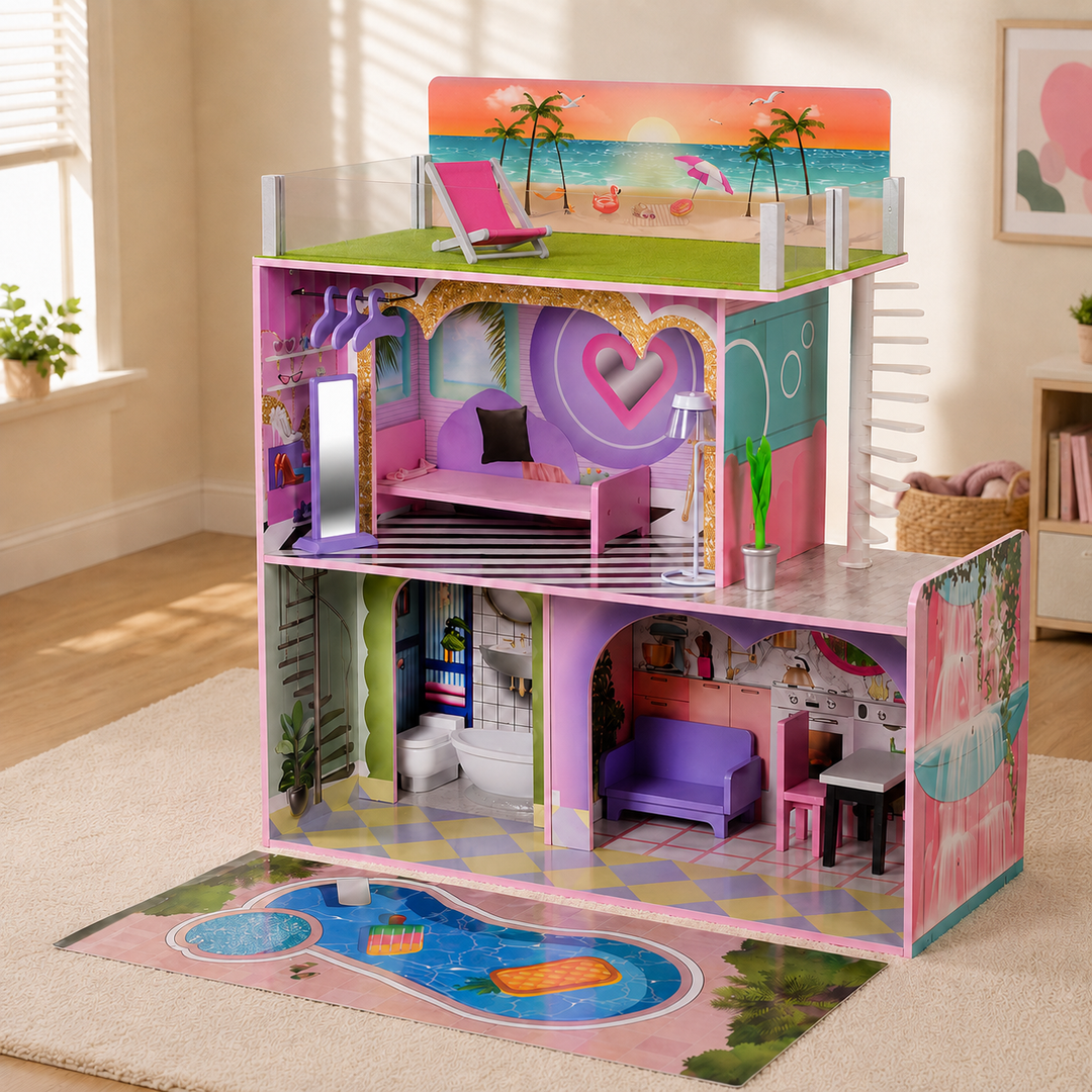 Teamson Kids Dreamland Sunset Wooden Doll House with 3 Levels, Kitchen, Living Area, Bedroom, Bathroom, Outdoor Play Pieces, Lights and 16 Accessories