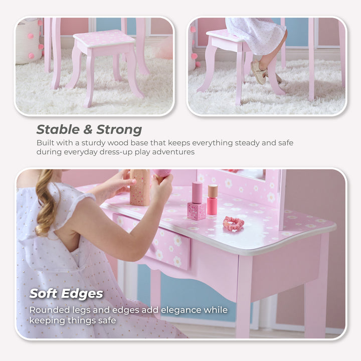 Daisy Prints Gisele Wooden Play Vanity Set wit Three Way Mirror & Stool for Pretend Play by Teamson Kids