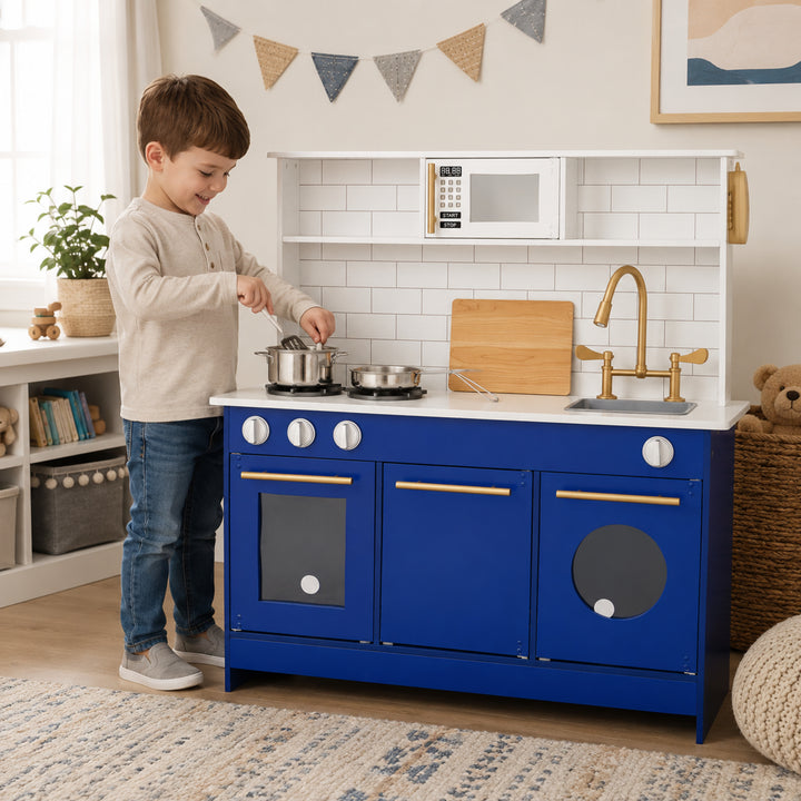Teamson Kids Little Chef Berlin Play Kitchen Set with Subway Tile Backsplash and Gold Hardware, Interactive Kids Kitchen Playset for Toddlers Ages 1–5, Pretend Toy Cooking Station, Blue/White