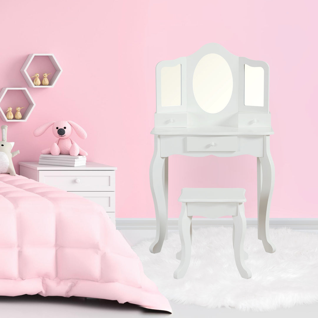Teamson Kids Vanity Table & Stool Set with Acrylic Tri-Fold Mirror, White
