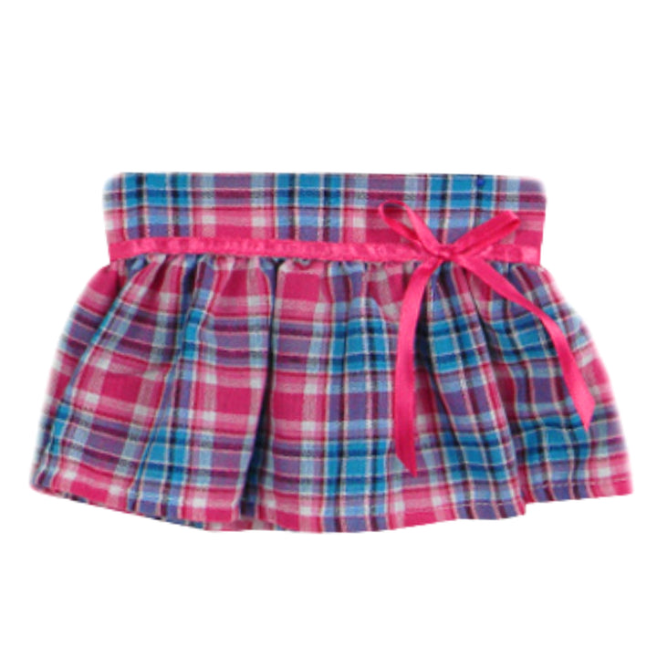 pink and teal plaid skirt with gathered hem and hot pink ribbon bow
