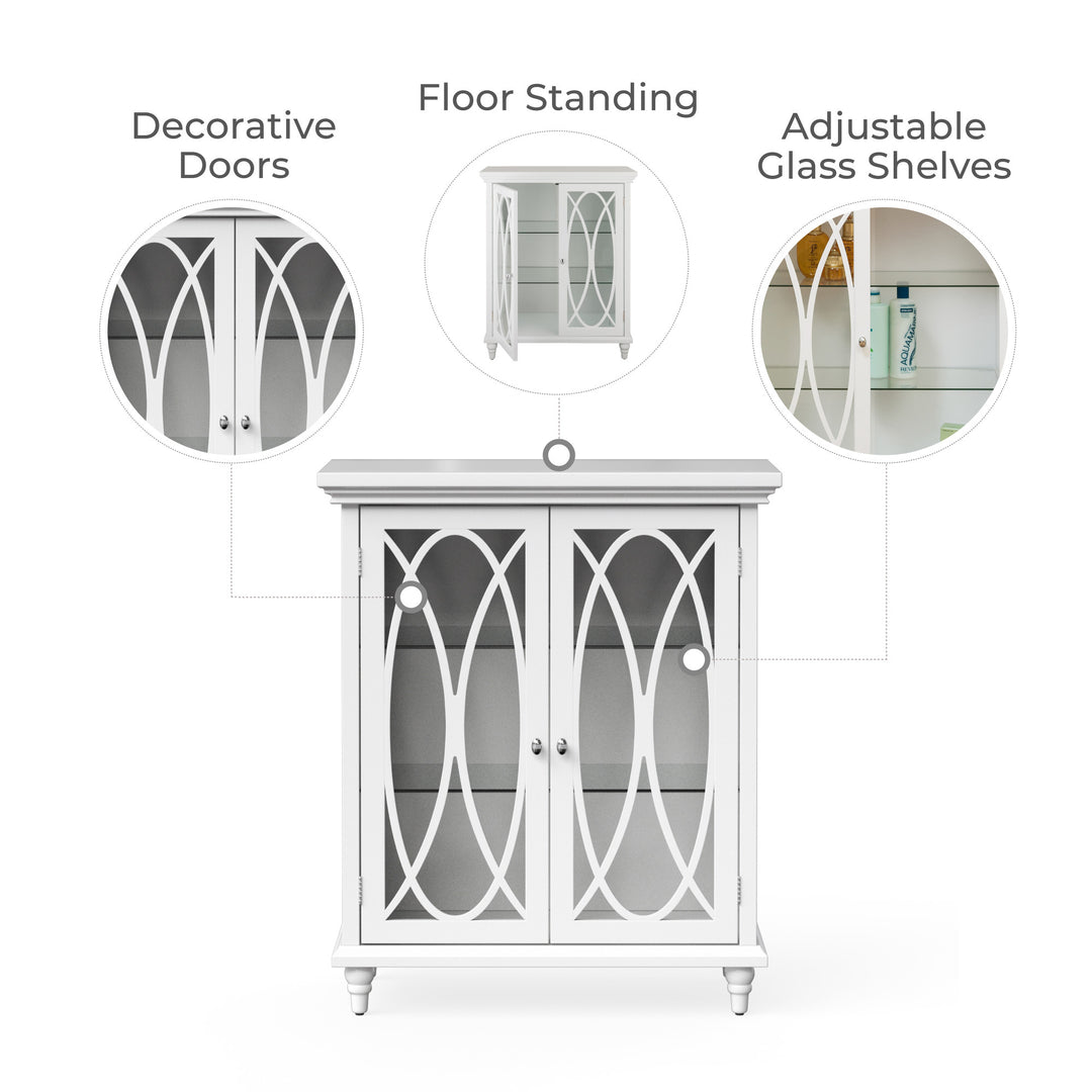 Infographic with callouts for decorative doors, floor standing and adjustable glass shelves