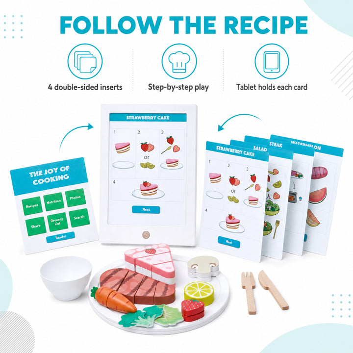 Teamson Kids 27-Piece Wooden Play Food Set and Pretend Recipe Tablet, Green Pretend Play Food Kitchen Set to Slice and Cut Food for Interactive Play for Little Chef Frankfurt