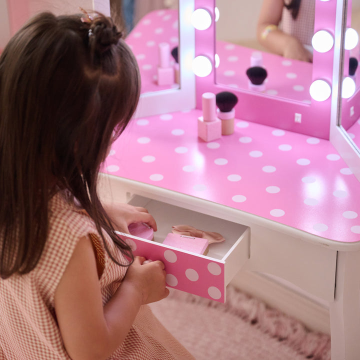 Teamson Kids Engineered Wood Vanity Set with LED Lighted Tri-Fold Acrylic Mirror, Storage Drawer, Matching Stool, Rounded Corners, White/Pink, Fantasy Fields Gisele Polka Dot Pretend Play Vanity Desk