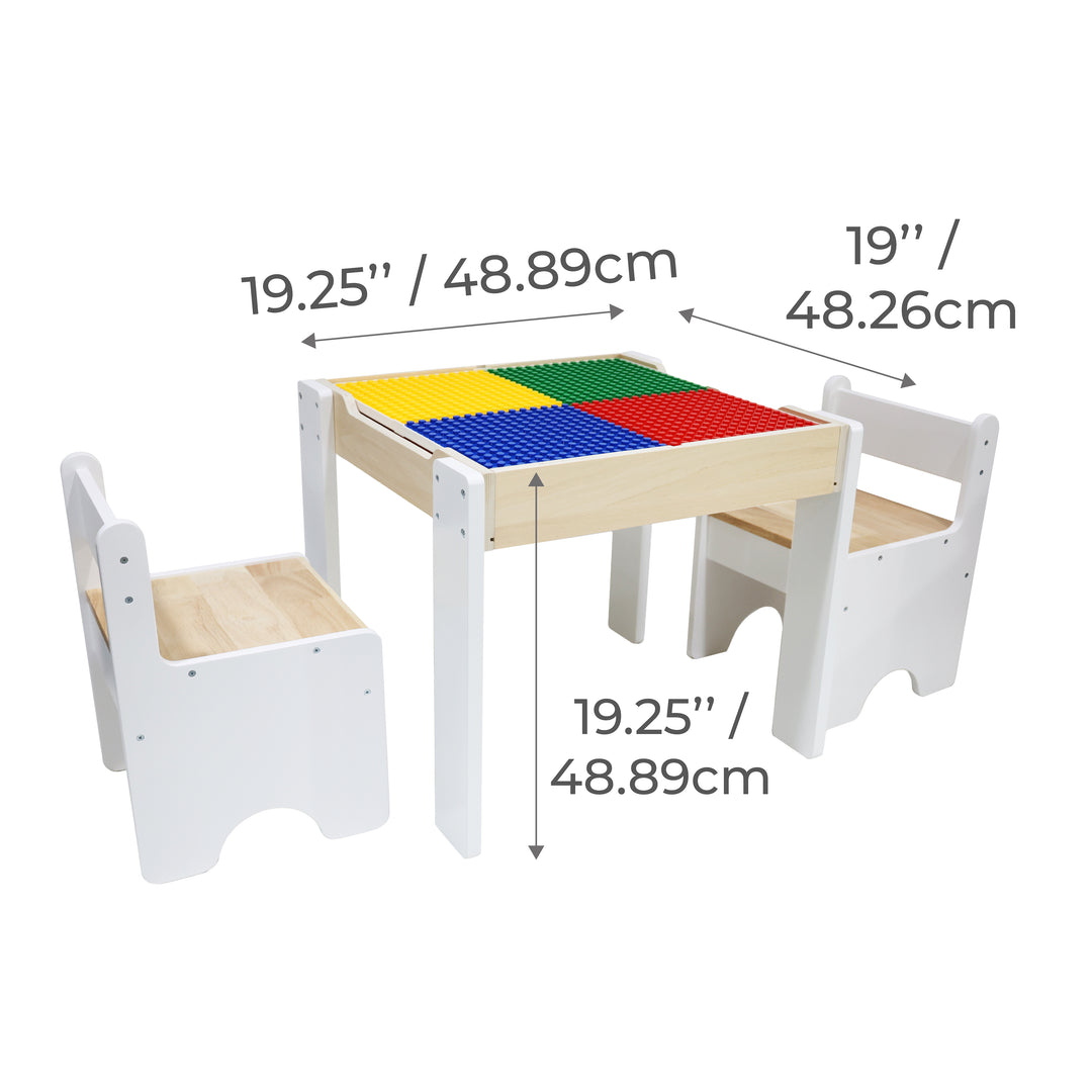 Dimensions in inches and centimeters of the Kids 3-pc. Multi-Activity Table & Chairs Set, white and natural wood finish