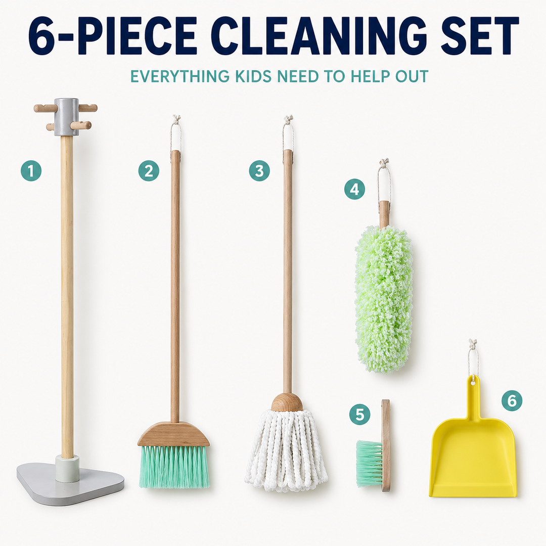 Teamson Kids 6-Piece Wooden Cleaning Set with Storage Stand, Little Helper Pretend Play Cleaning Set, Mop, Broom, Duster, Dust Pan and Brush with Hanging Rope Loops for Easy Storage