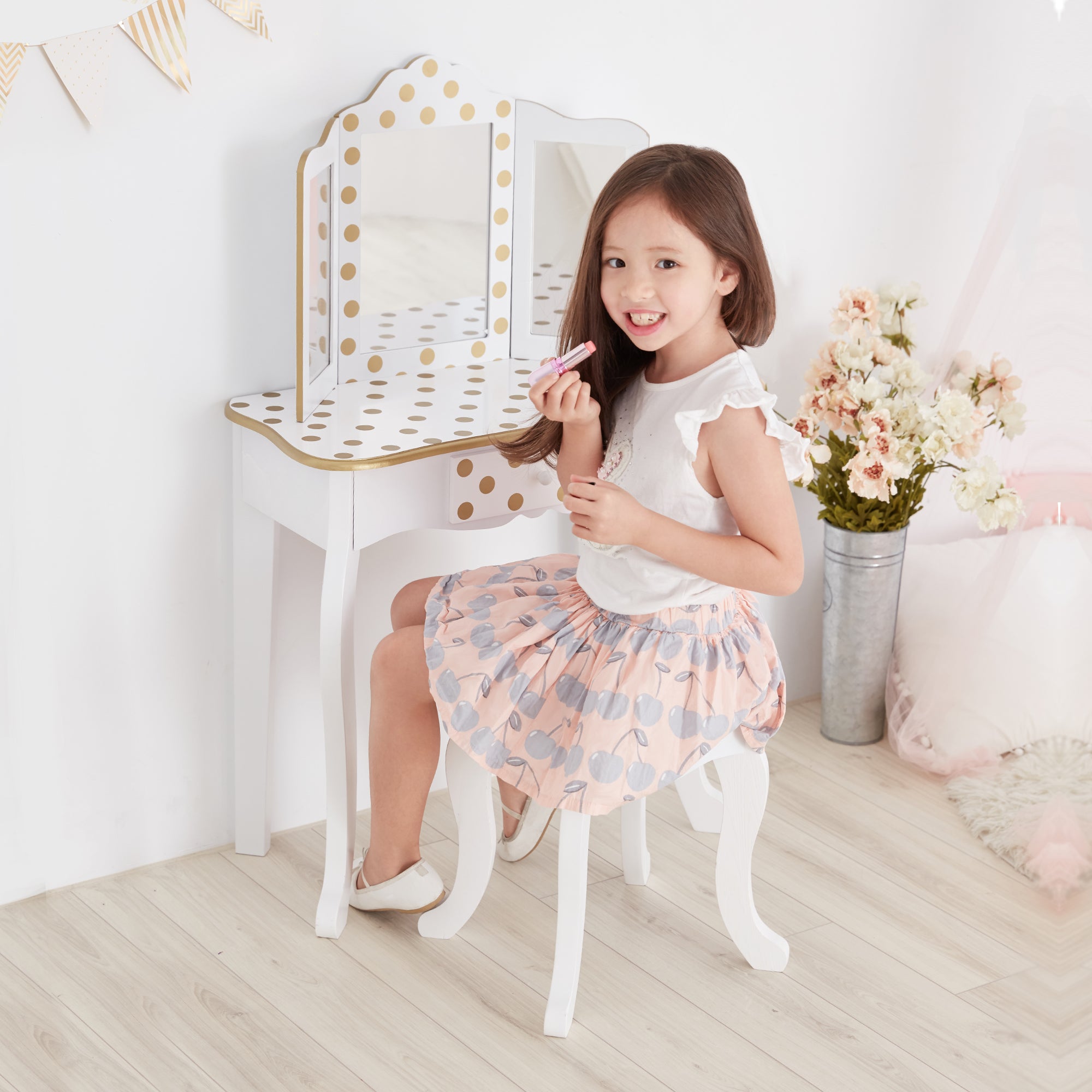 Fantasy Fields Gisele Polka Dot Kids Vanity Table & Stool, White