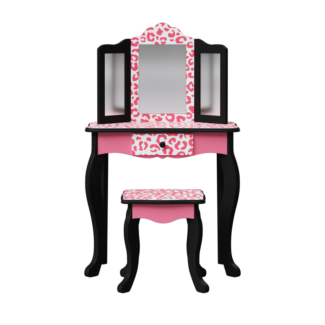 A kids vanity set with a black finish and pink and white cheetah print accents