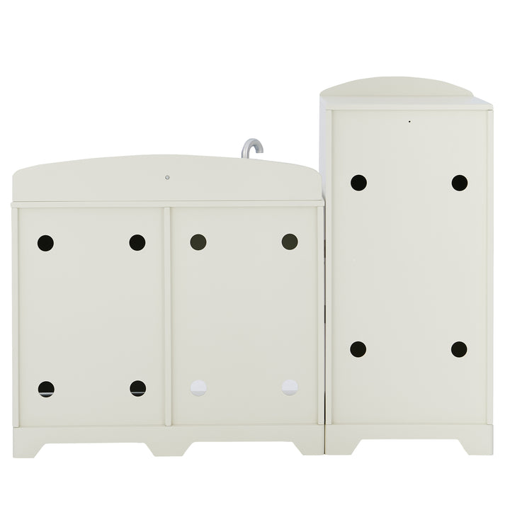 White wooden Teamson Kids Little Chef Fairfield Retro Kids Kitchen Playset with an attached vertical cabinet, featuring black polka dot decorations and round handles, crafted from easy-to-clean MDF.