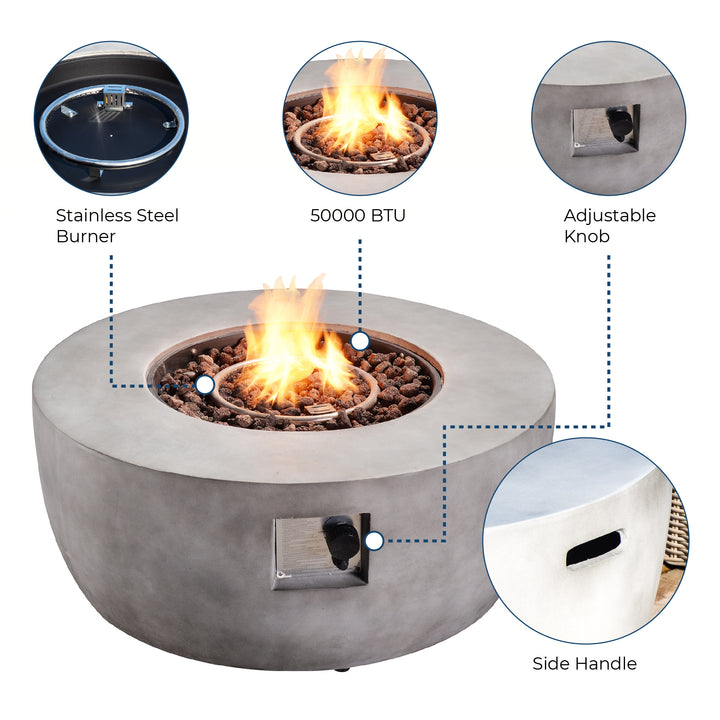 Infographic with callouts for stainless steel burner, adjustable knob and side handles for a round gas fire pit