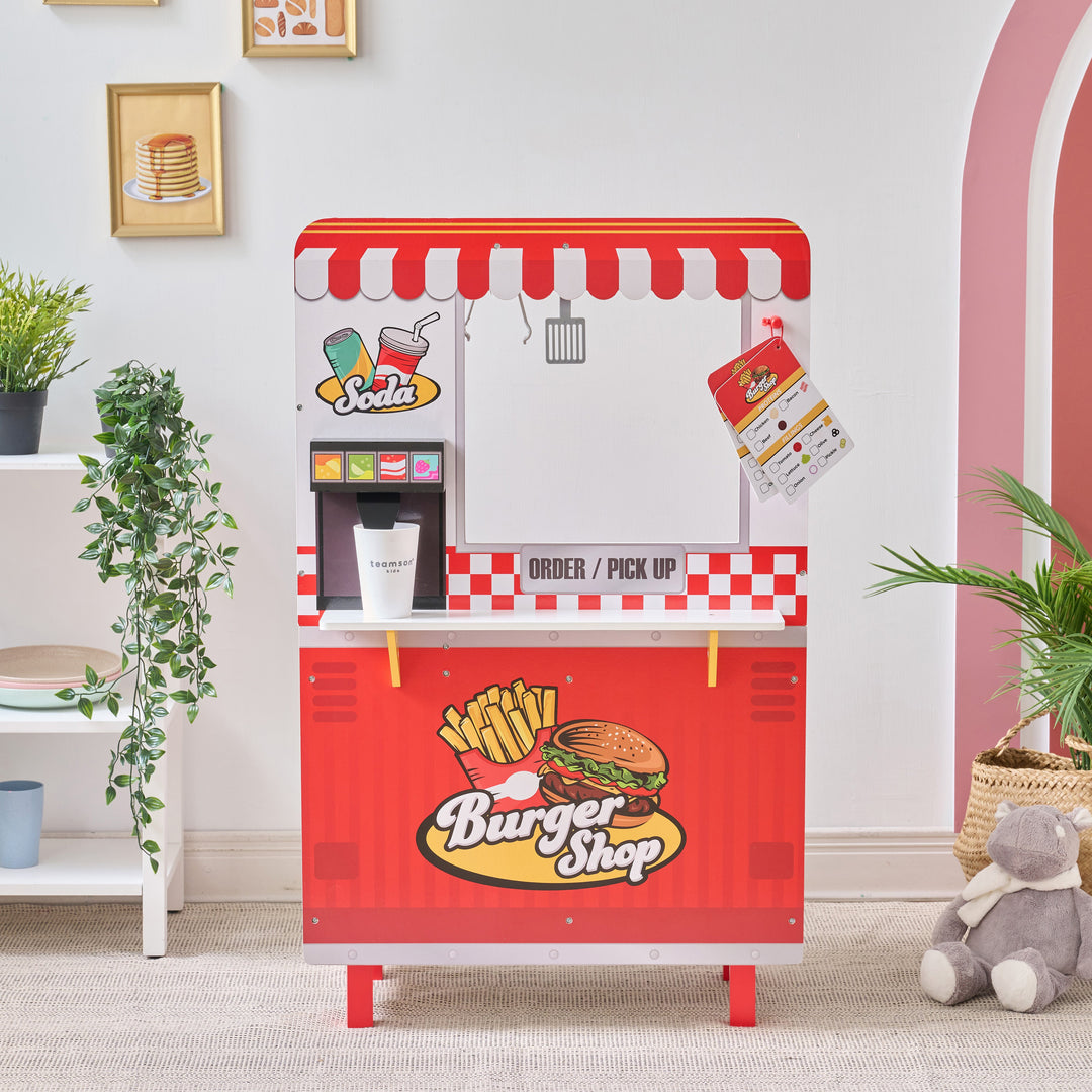 Wooden Play Burger Shop with 29 Accessories, Red - Flip & Fry Teamson Kids