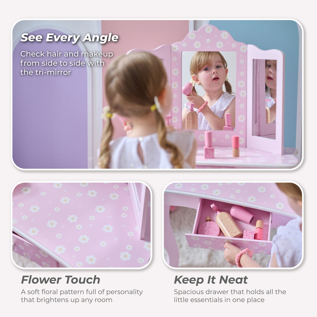 Daisy Prints Gisele Wooden Play Vanity Set wit Three Way Mirror & Stool for Pretend Play by Teamson Kids
