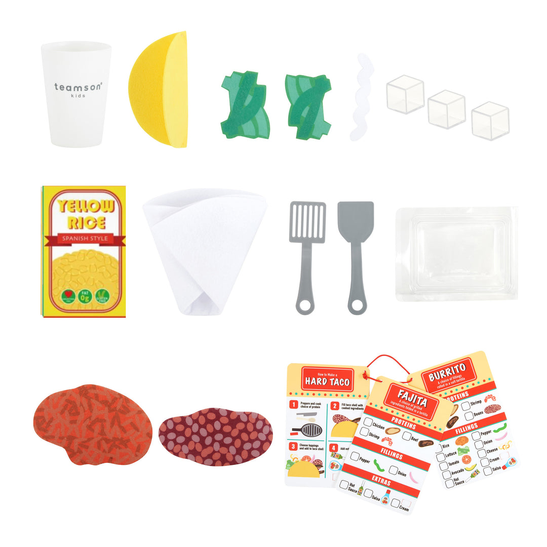 accessories from the taco truck set are shown including shells, rice, meat, recipe card and more